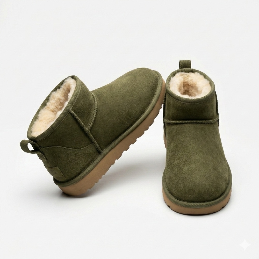 UGG Women Classic Ultra Mini Shearling Boots Olive Suede Size 10